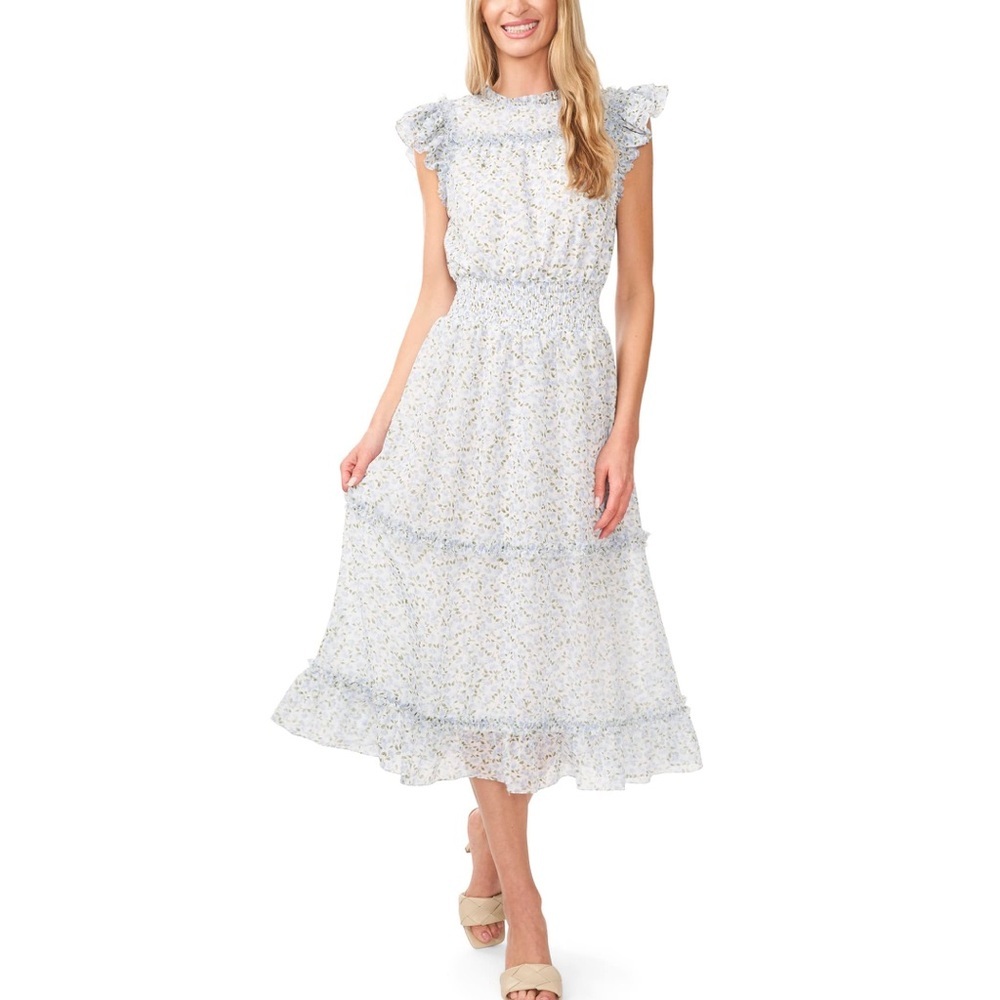 CeCe Smocked-Waist Cottage Core Midi Dress  1X New Ivory Blue Green 
Retail $129
